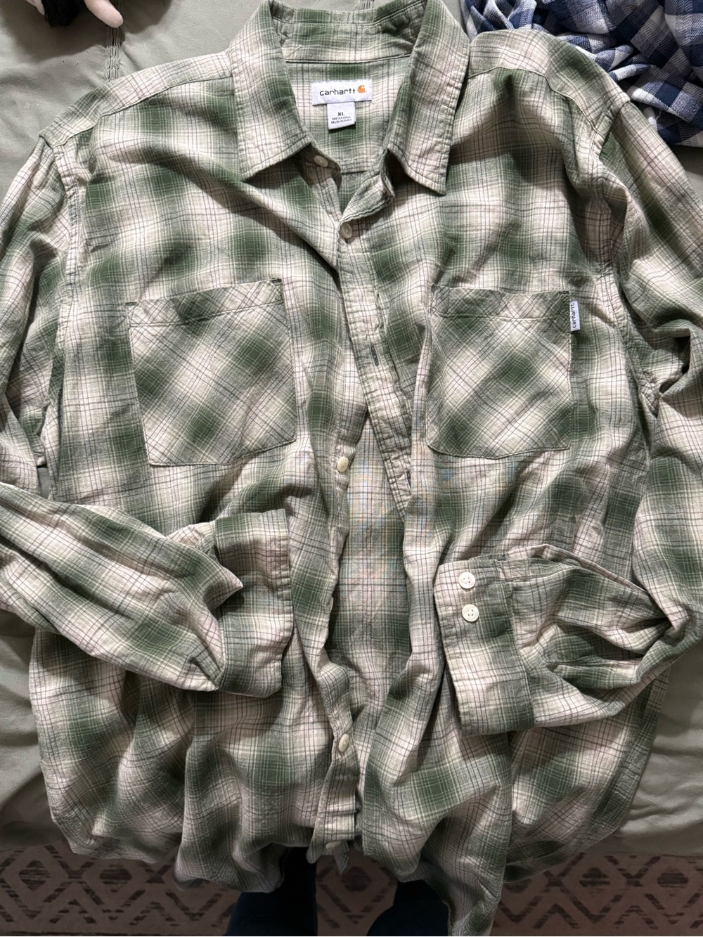 Carhartt Green and White Plaid Button-Down Work Shirt